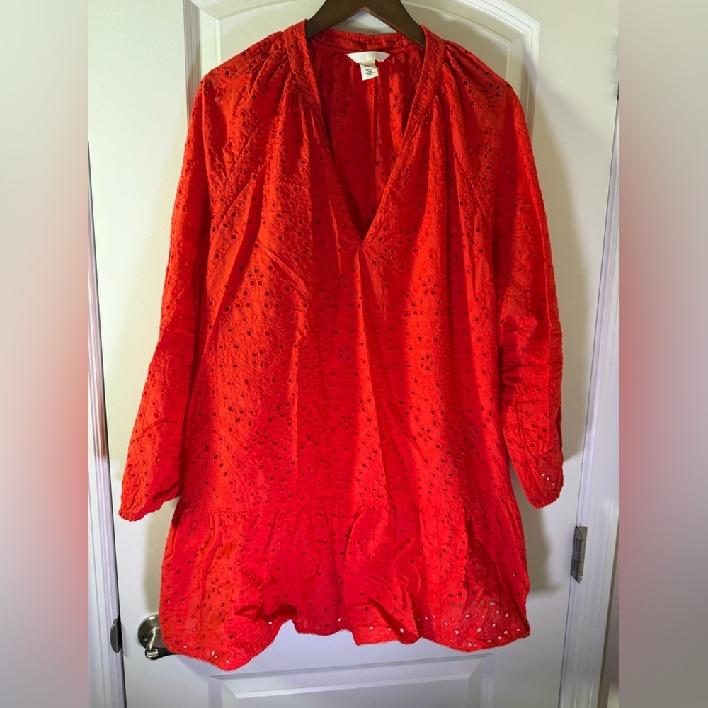 H&M Red Eyelet BRODERIE ANGLAISE Tunic Dress /Coverup Coquette unlined Spring - Picture 6 of 10